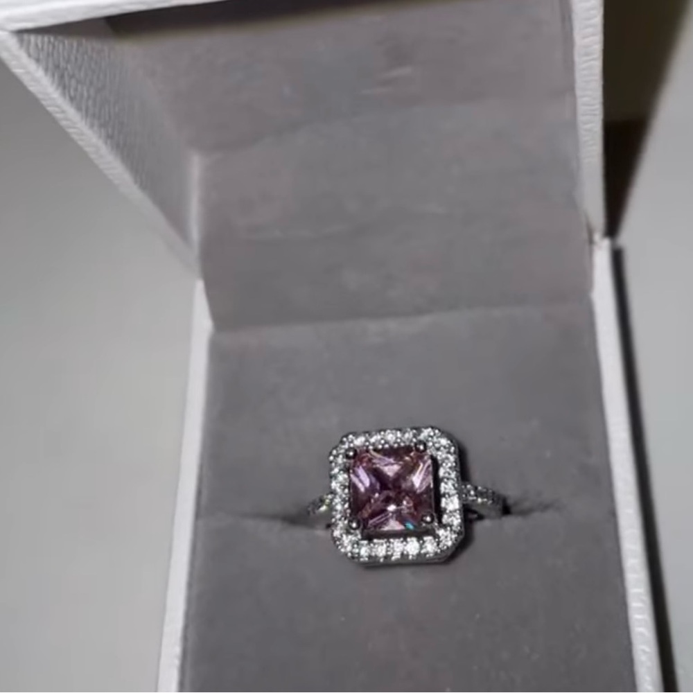 Silver Square Halo Ring with Pink Center Stone